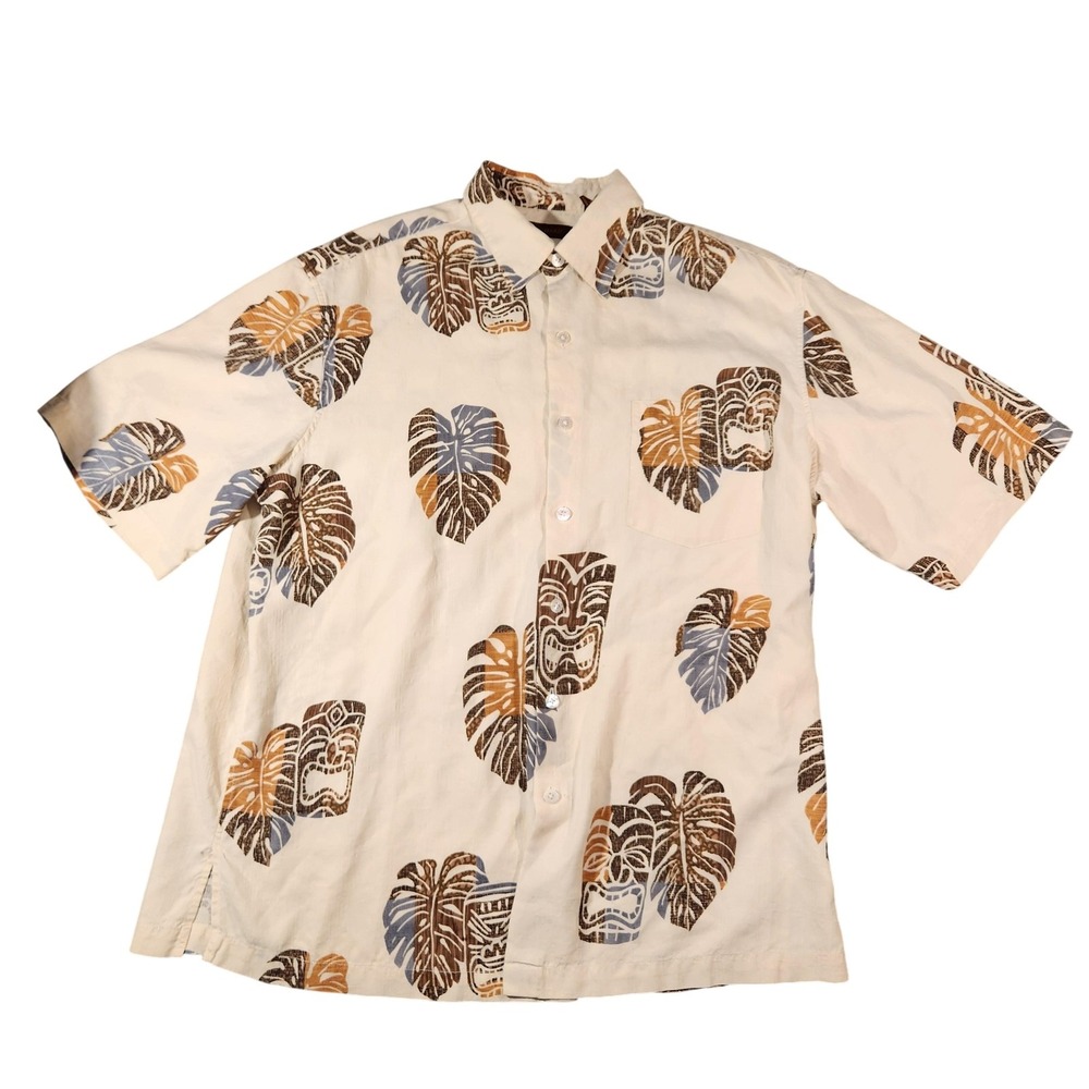 Tori Richard Shirt Mens Large Silk Hawaiian Aloha Tiki Print Button Front Beige